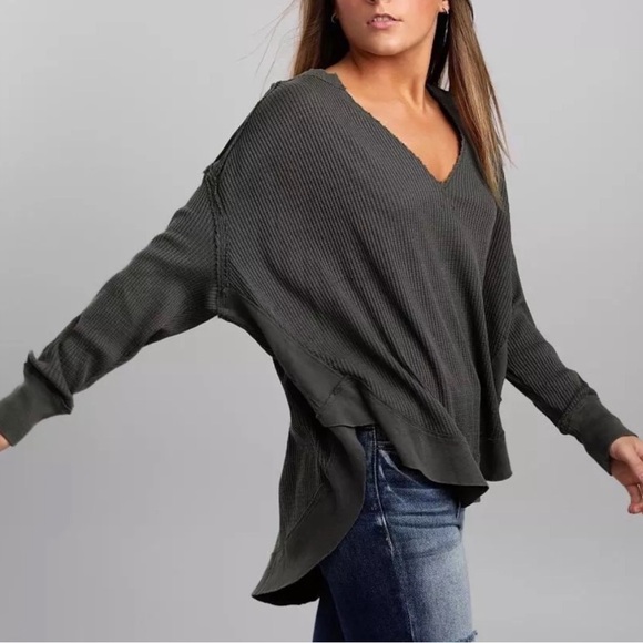We the Free Owen Thermal Oversized V Neck Patch Elbow Dark Charcoal Grey Top S - Picture 3 of 16